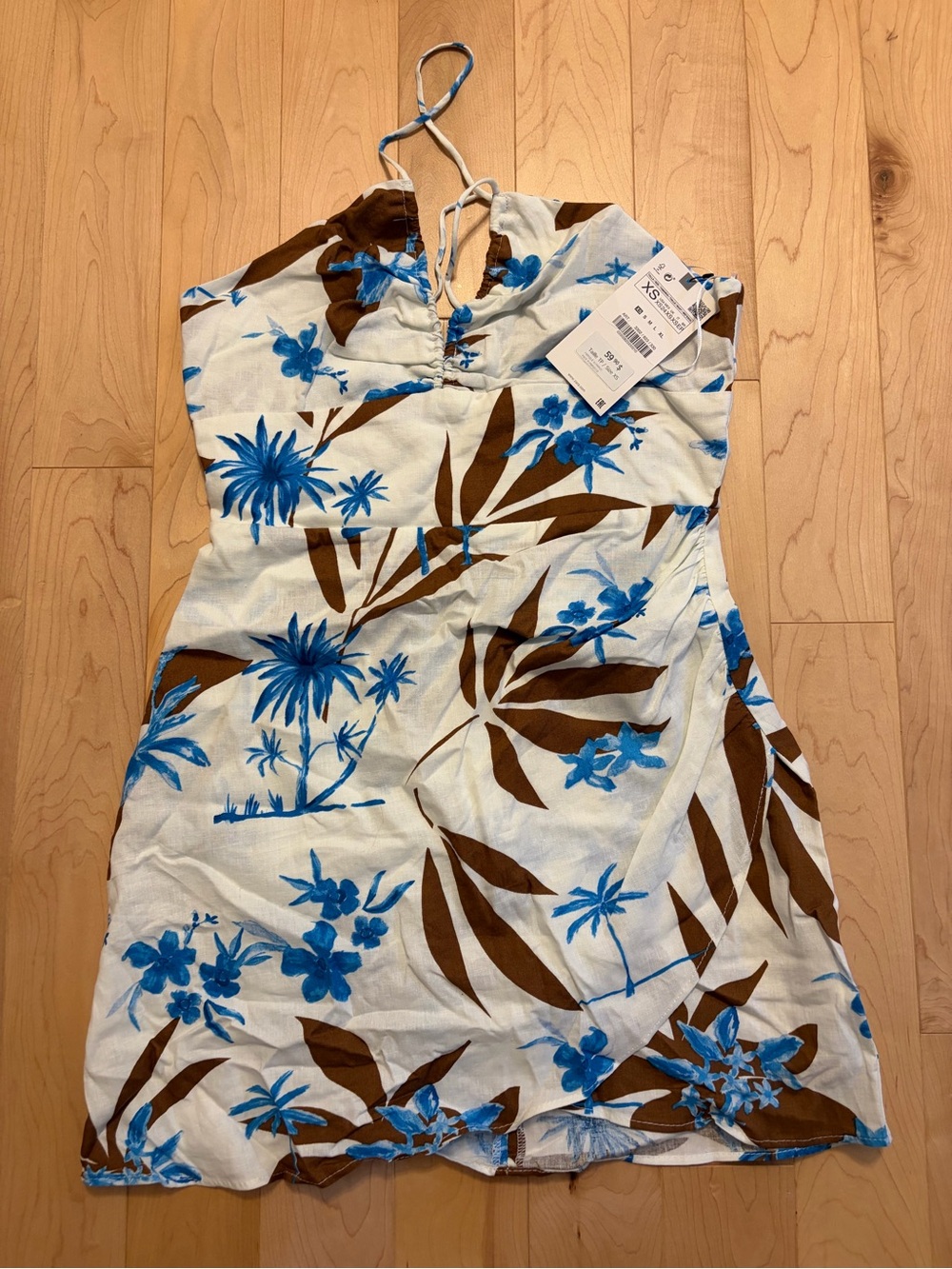 White Floral Halter Dress with Blue & Brown Print